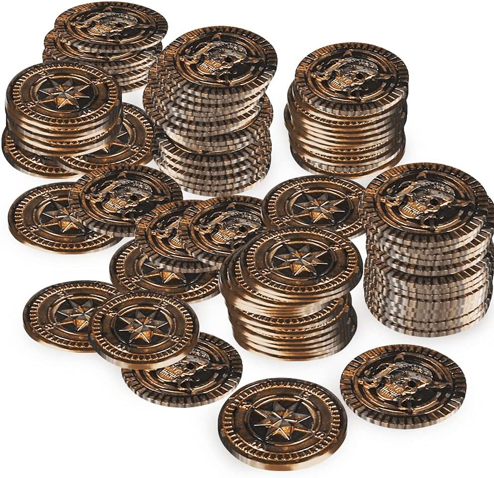 144 Plastic Pirate Coins, Ancient Pirate Booty, Treasure Chest Supplies, Birthday Party Decorations and Centerpiece Items, Treasure Hunt Toys for Kids, Pinata and Goodie Bag Fillers