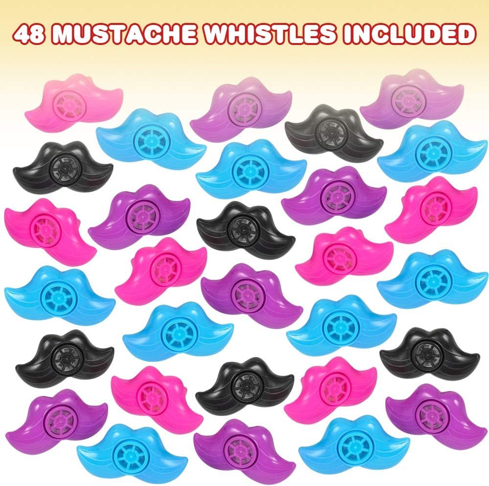 Mustache Lip Whistles for Kids, Bulk Pack of 48, Durable Plastic Noise Maker Party Whistles, Bright Assorted Colors, Birthday Party Favors, Goodie Bag Fillers, Treasure Box Prizes