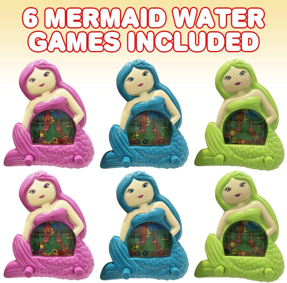 Mermaid Water Games, Set of 6, Handheld Water Games for Kids, Goody Bag Fillers, Birthday Party Favors for Children, Road Trip Travel Toys for Boys and Girls