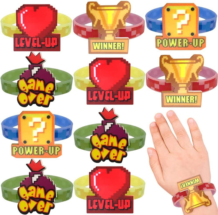Power Up Rubber Bracelets for Kids, Set of 12, Colorful Stretchy Rubber Wristbands with Classic Video Game Icons, Fun Birthday Party Favors, Goodie Bag Fillers, Carnival Prize