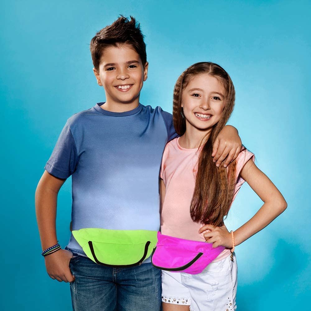 Neon Fanny Packs for Kids, Set of 4, Colorful Waist Bags with Single Zippered Pocket and Adjustable Strap, Neon Party Supplies, 80’s and 90’s Costume Accessories