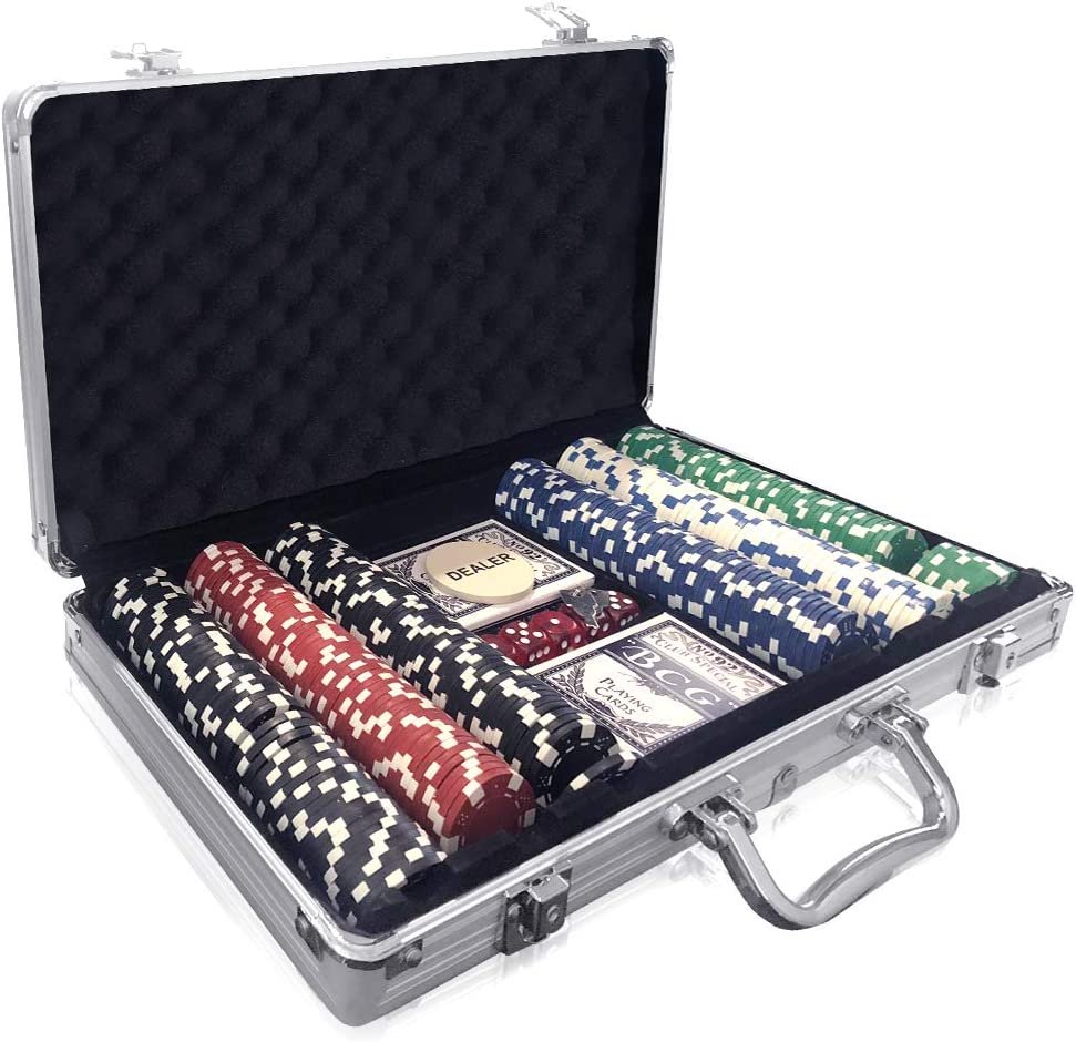 Gamie Poker Set in Aluminum Case, Casino Poker chip Kit with 300 Chips, 2 Decks of Playing Cards, 5 Dice, and 1 Deluxe Case, Fun Game Night Supplies, Best Poker Gifts for Teens and Adults