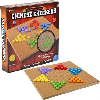 Gamie Wooden Chinese Checkers, Classic Board Game for Kids and Adults, Includes Wood Game Board and 60 Colored Pieces, Family Board Games for Game Night, Parties, and Kids’ Development