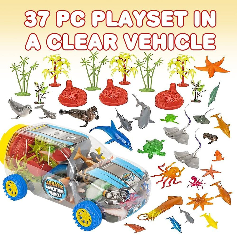 Aquatic Vehicle Playset, 37-Piece Set with Assorted Ocean Animal Figures and a Clear Storage Truck, Ocean Toys for Kids That Work as Bath Toys and Under The Sea Party Decorations