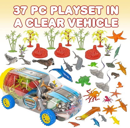 ArtCreativity Aquatic Vehicle Playset, 37-Piece Set with Assorted Ocean Animal Figures and a Clear Storage Truck, Ocean Toys for Kids That Work as Bath Toys and Under The Sea Party Decorations
