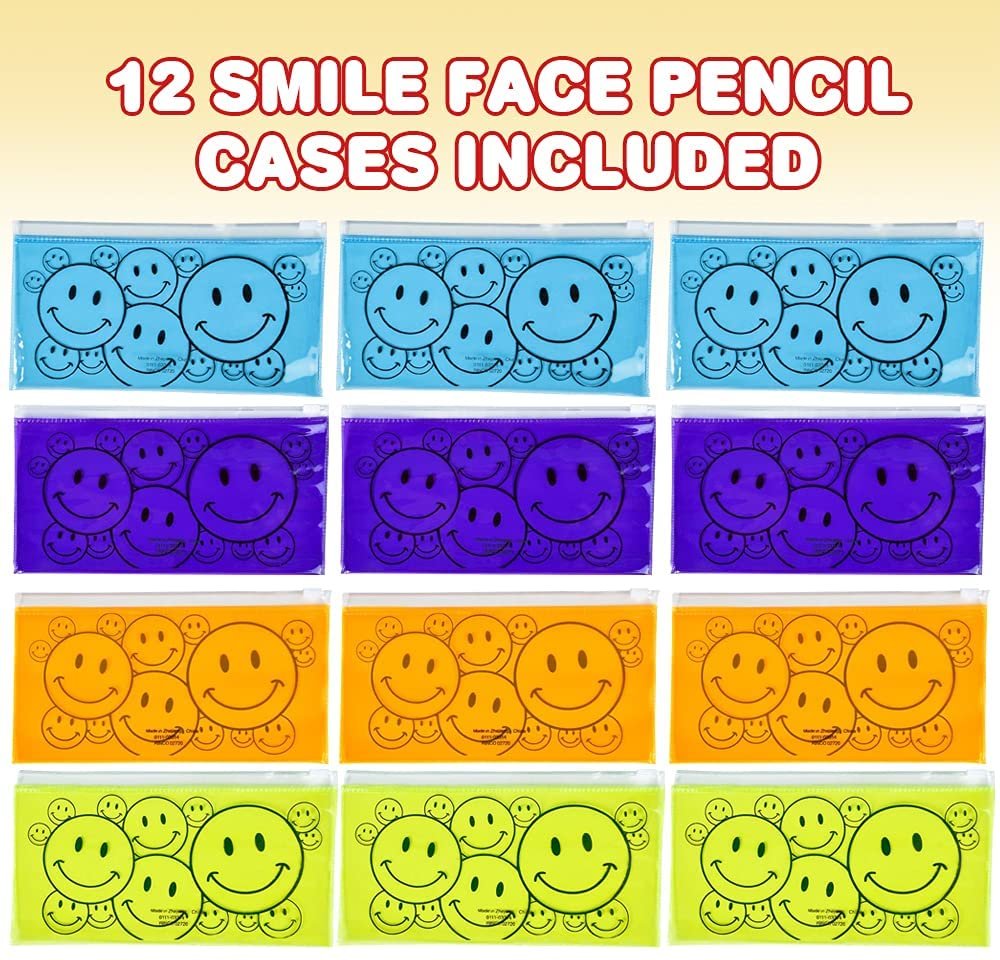 ArtCreataivity Smile Face Pencil Cases, Set of 12, Pencil Holders for Kids in 4 Different Colors, Kids’ Stationery Cases for Back to School Supplies, Emoji Party Favors for Children