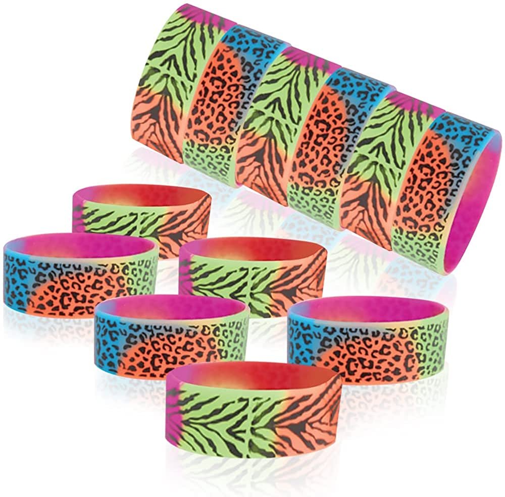 ArtCreativity Rainbow Animal Print Rubber Bracelets, Set of 12, Colorful Stretchy Rubber Wristbands for Boys and Girls, Fun Birthday Party Favors for Children, Goodie Bag Fillers, Carnival Prize