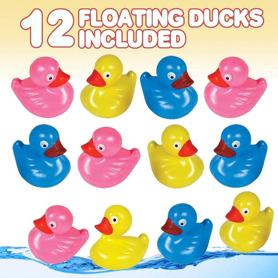 Floating Plastic Duck Toys - Pack of 12 - Durable Duckie Bath Tub Water Toys for Kids, Carnival Theme Party Supplies, Birthday Party Favors and Goodie Bag Fillers