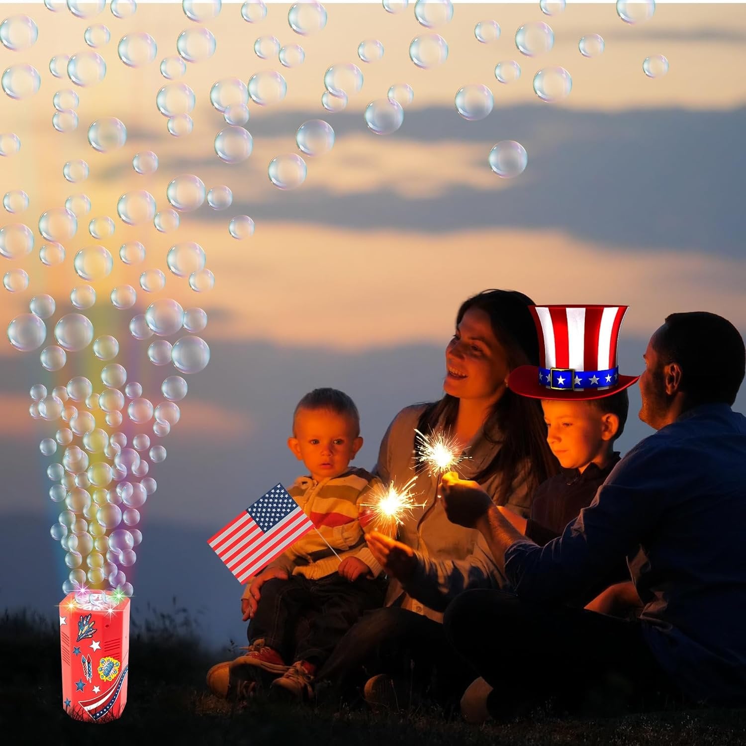 Fireworks Bubble Machine - Electric Bubble Blower with Sound & LEDs - 4th of July Party Supplies
