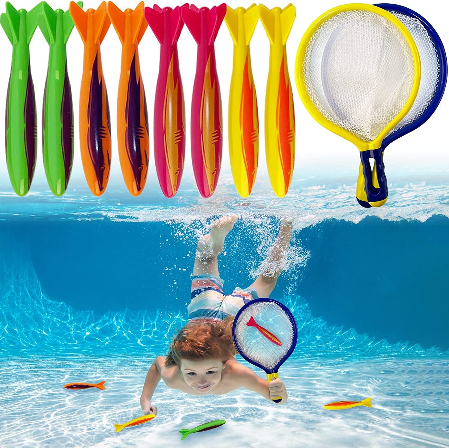 Pool Diving Game for Kids, Underwater Fishing Set with 8 Torpedo Bandits Gliding Sharks and 2 Nets, Interactive Fishing Toy for Kids with Weighted Sharks, Great Swimming and Bathtub Toys