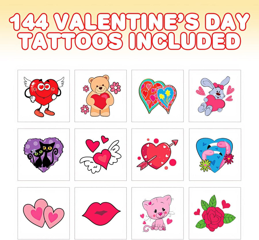 Temporary Valentines Tattoos for Kids, Assorted Tattoo Designs - Pack of 144