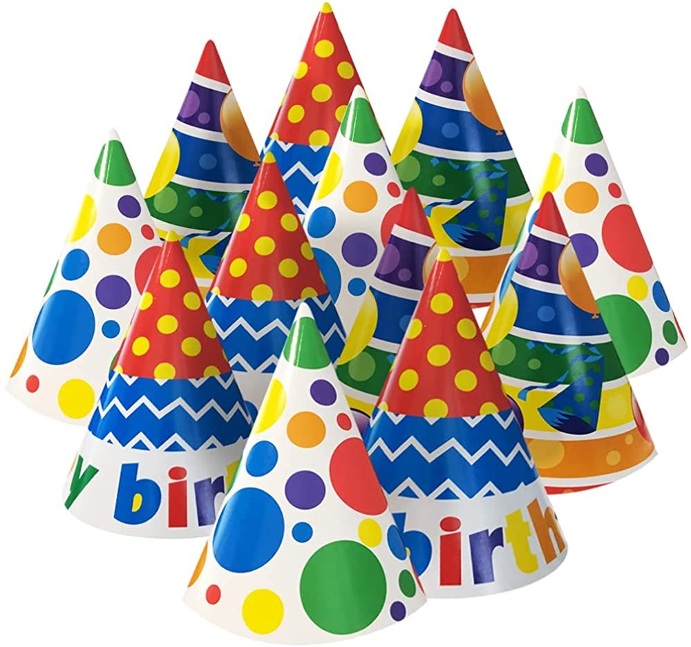 ArtCreativity Happy Birthday Hats for Kids, Set of 12, Sturdy Paper Party Hats with an Elastic Chin Strap, Kids Birthday Party Supplies and Happy Birthday Decorations, 3 Different Designs