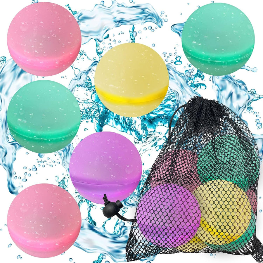 Reusable Water Balloons for Kids, Set of 6 Self Sealing Water Splash Balls & Mesh Carry Bag, Silicone Water Balloons with Magnetic Closure, Summer Pool Water Games for Kids & Adults