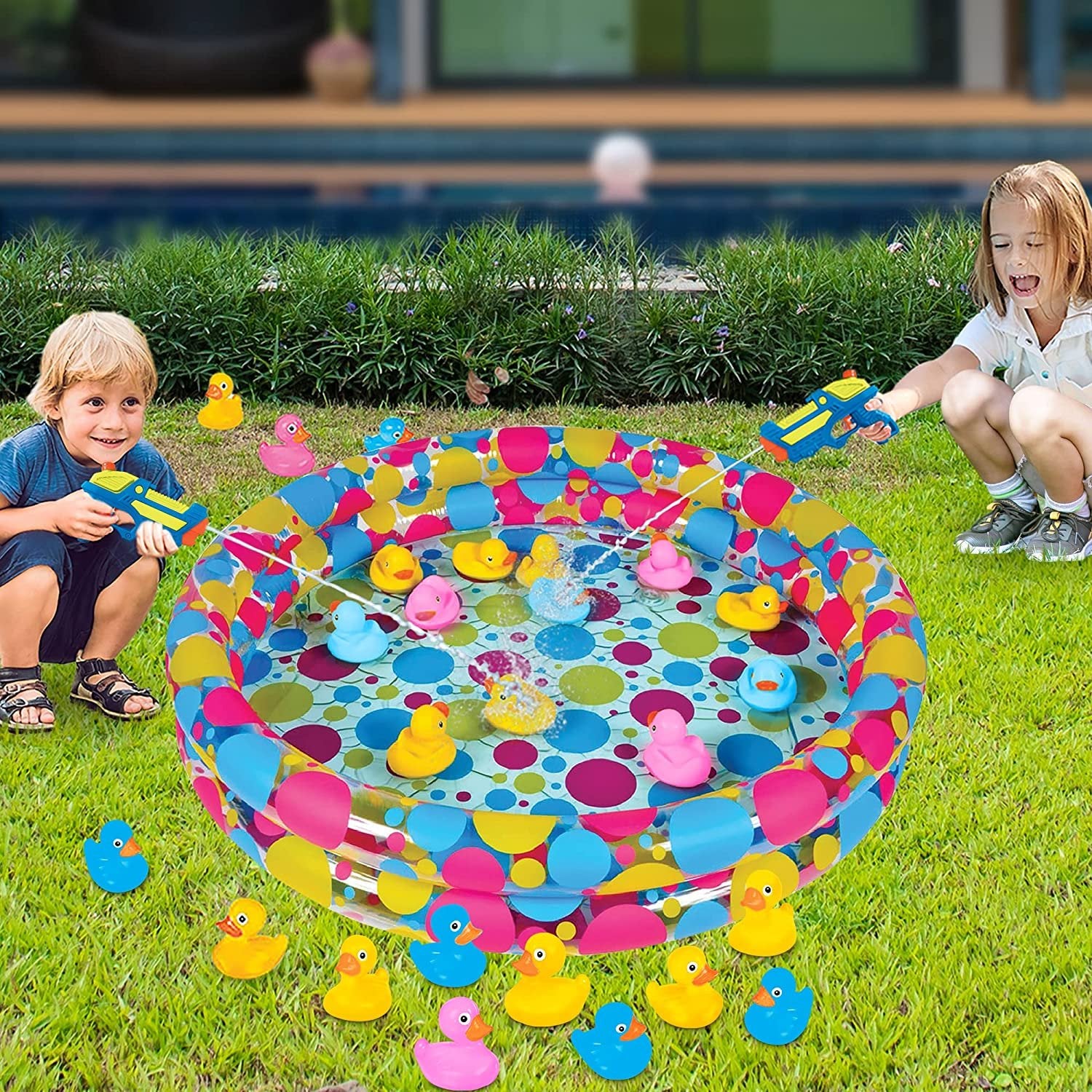 Gamie Duck’em Down Shooting Game, Carnival Duck Pond Game with 1 Inflatable Pool, 2 Water Guns, and 20 Ducks, Backyard Games for Kids, Outdoor Summer Toys, and Carnival Theme Party Decorations