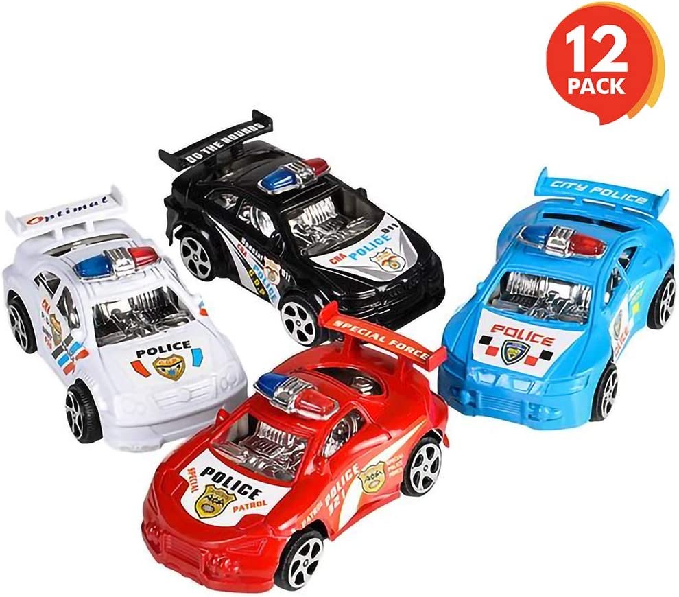 Pullback Mini Police Toy Cars for Kids, Set of 12, Pull Back Racers in Assorted Colors, Police Birthday Party Favors for Boys and Girls, Goodie Bag Fillers, Small Game Prizes
