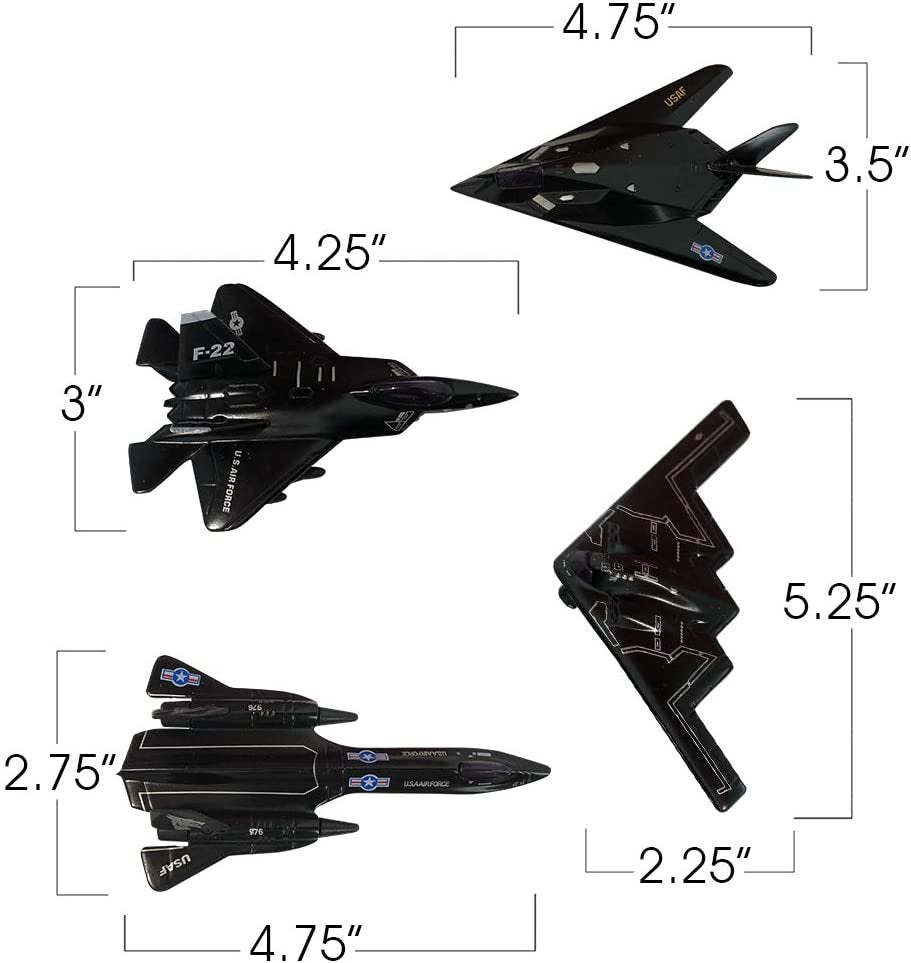Diecast Stealth Bomber Toy Jets with Pullback Mechanism, Set of 4, Diecast Metal Jet Plane Fighter Toys for Boys, Air Force Military Cake Decorations, Aviation Party Favors