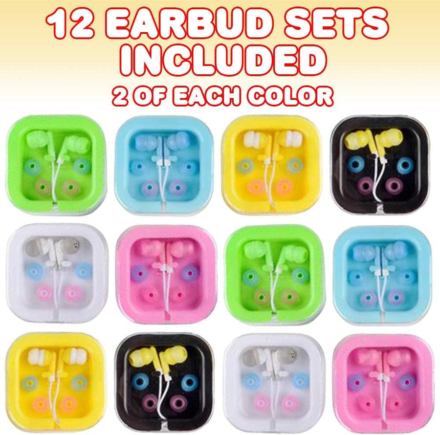 Colorful Earbuds for Kids and Adults, Set of 12, Wired Earphones for Children with Clear Case and Multiple Buds, Birthday Party Favors for Teens, Goodie Bag Fillers, Stocking Stuffers