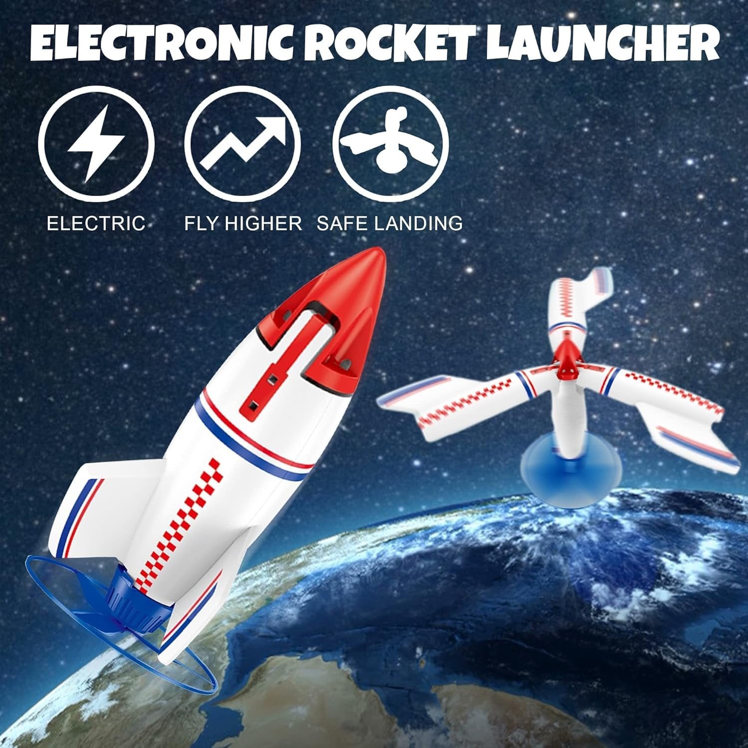 Electric Rocket Launcher Toy for Kids, Rechargeable Rocketship Toy with Safe Landing Propellers, Ultra High-Flying Rocket, STEM Outer Space Toys