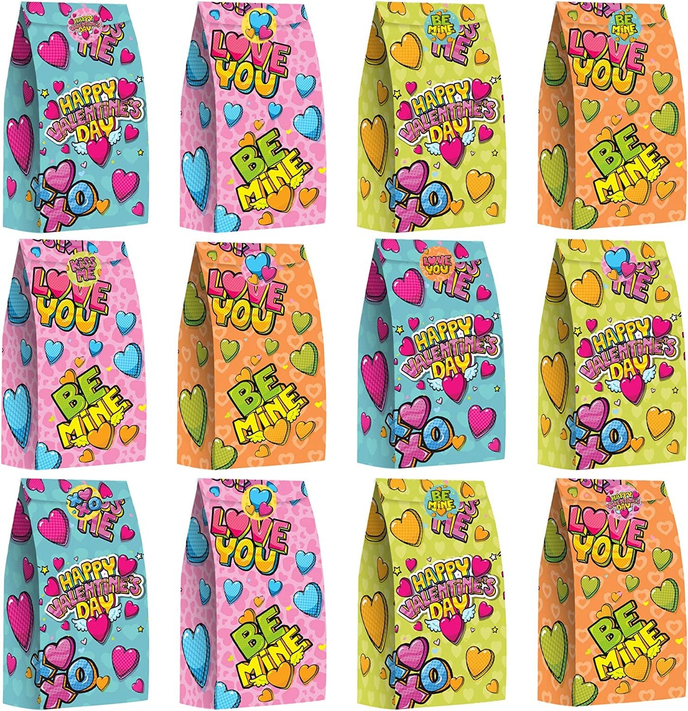 10" Valentines Day Treat Bags, Set of 24 Paper Candy Bags & 24 Stickers and More