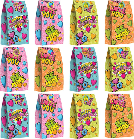 ArtCreativity Valentines Day Treat Bags, Set of 24 Paper Bags and 24 Stickers, 10 Inch Valentines Candy Bags with Sealing Stickers, Valentine Goodie Bags for Sweets, Toys, Gifts, and More