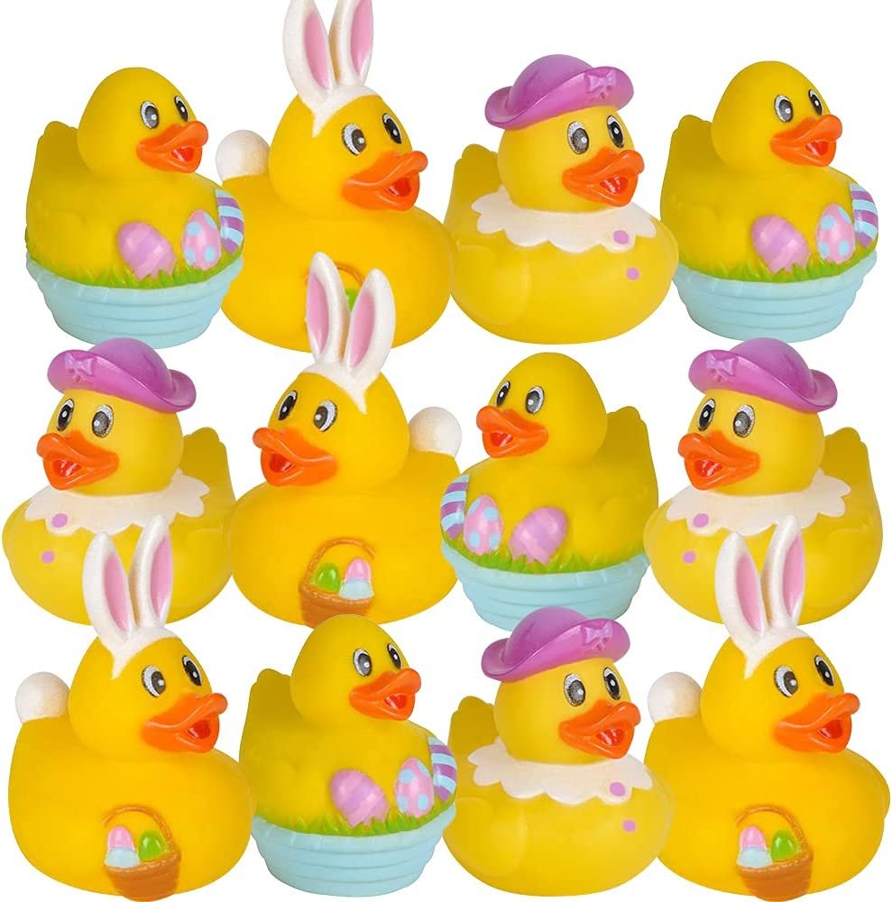 2.5" Assorted Easter Rubber Duckies for Kids, Pack of 12, Mini Duck Surprise Toys for Filling Easter Eggs, Easter Party Favors, Egg Hunt Supplies, Easter Themed Bath Tub Toys