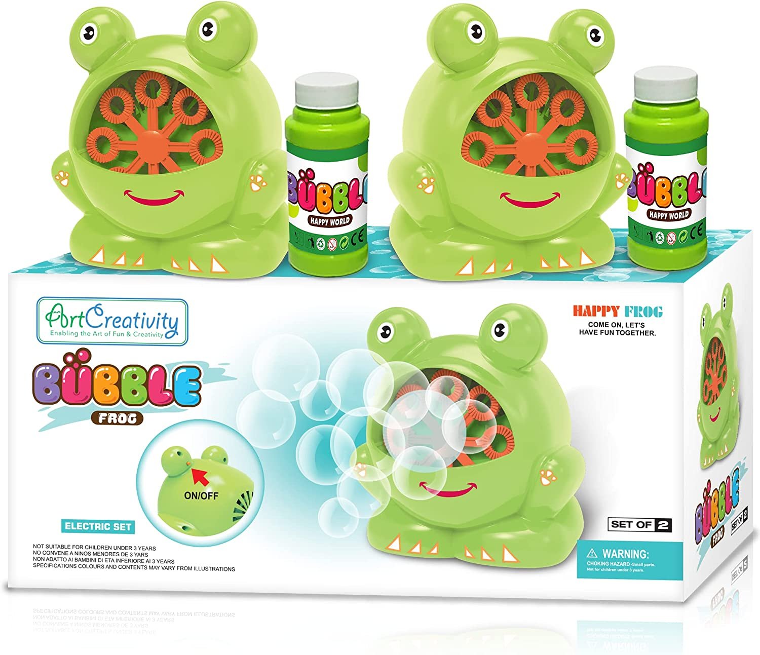 Frog Bubble Machine Set for Kids - 2 Pack - Includes 2 Bubbles Blowing Toys and 2 Bottles of Solution - Fun Summer Outdoor or Party Activity - Best Gift for Boys, Girls, and Toddlers