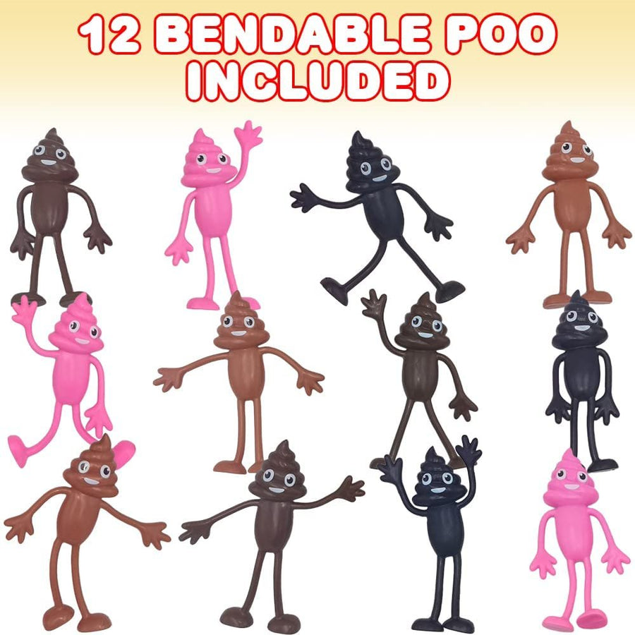 Bendable Poo Figures, Set of 12, Bendable Toys for Kids, Emoticon Party Favors for Boys and Girls, Stress Relief Fidget Toys for Kids and Adults, Goody Bag Stuffers, and Pinata Fillers