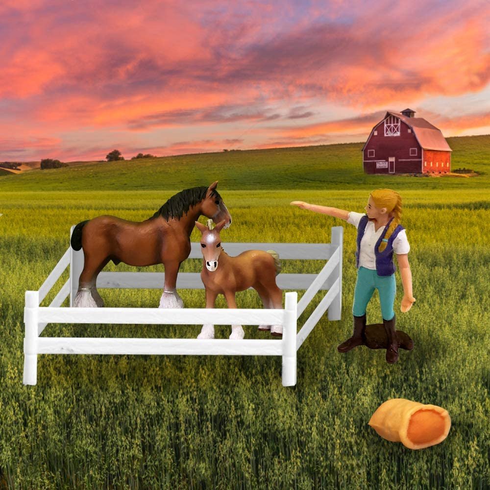 Horse Play Set for Kids - 5 Piece - Includes 2 Horses, Equestrian Figurine, Fence and Haystack - Durable Playset for Pretend Play - Best Holiday, Birthday Gift for Boys, Girls, Toddlers