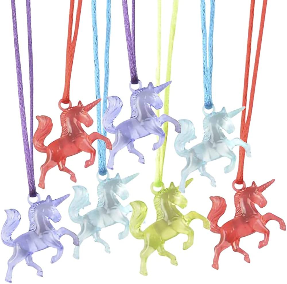 Unicorn Charm Necklaces for Kids, Set of 12, Cute Toy Jewelry for Girls with Translucent Pendant, Unicorn Party Favors for Children, Pretty Goodie Bag Fillers, Assorted Colors