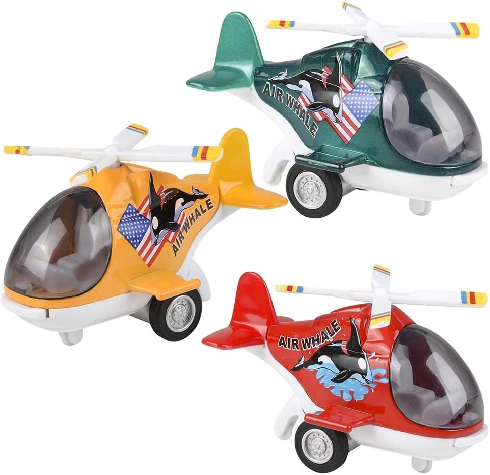 Diecast Air Whale Helicopters with Pullback Mechanism, Set of 3, Diecast Toy Choppers with Spinning Propellers, Birthday Party Favors, Goodie Bag Fillers for Kids
