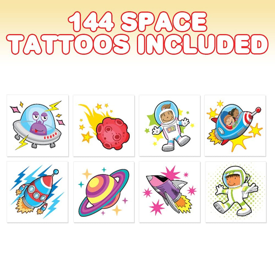 Space Temporary Tattoos for Kids - Bulk Pack of 144 Tattoos in Assorted Designs, Non-Toxic 2" Tats, Birthday Party Favors, Goodie Bag Fillers, Non-Candy Halloween Treats