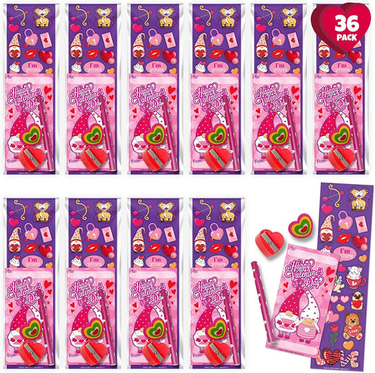 ArtCreativity Valentines Day Stationery Set, 36 Pack, Each Set with Sticker Sheet, Greeting Card, Pencil, Eraser, and Sharpener, Valentines Day Party Favors and Classroom Gifts for Kids