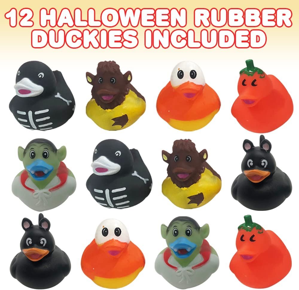 2.5" Assorted Halloween Rubber Duckies for Kids, Pack of 12, Variety of Halloween Characters, Trick or Treat Supplies, Goodie Bag Fillers, Party Favors, Halloween Themed Bathtub Toys