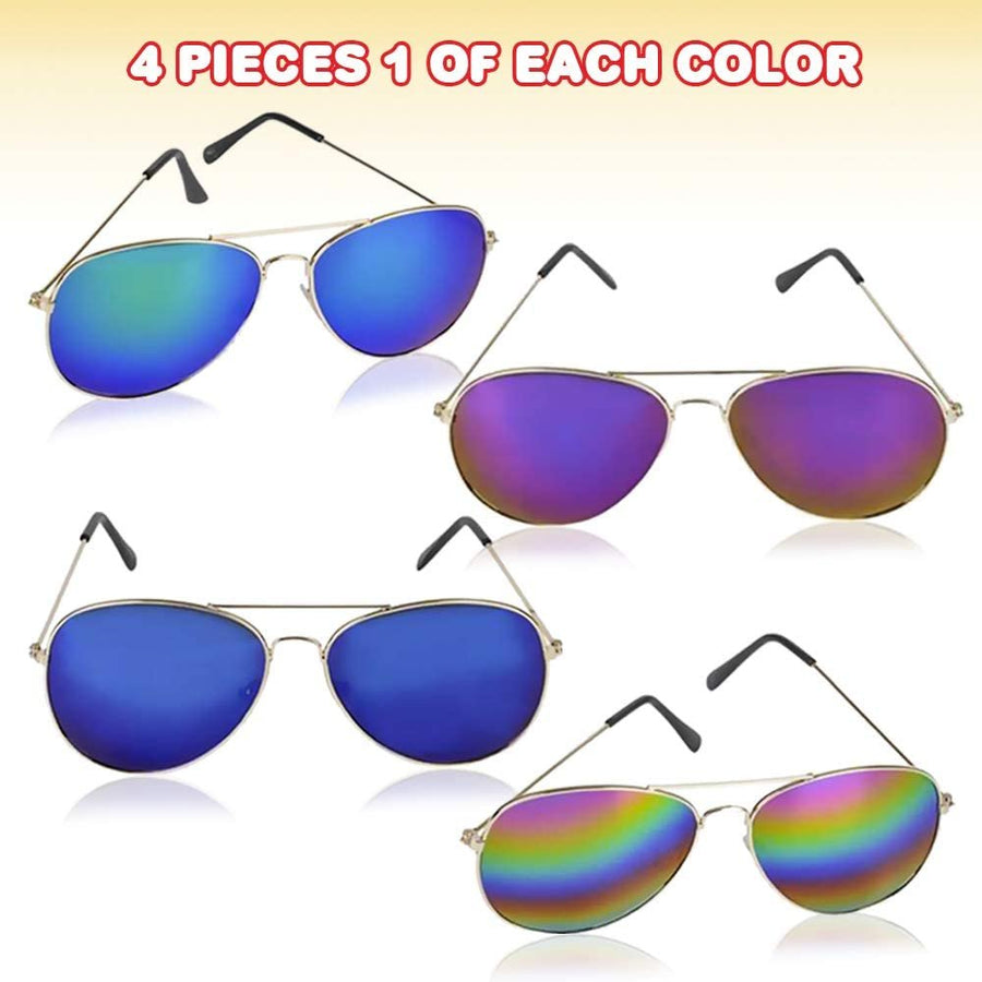 Rainbow Lens Aviator Sunglasses, Set of 4, Bright Assorted Colors with Gold Frame, Fun Fashionable Party Favors for Kids, Great Gift Idea for Boys and Girls