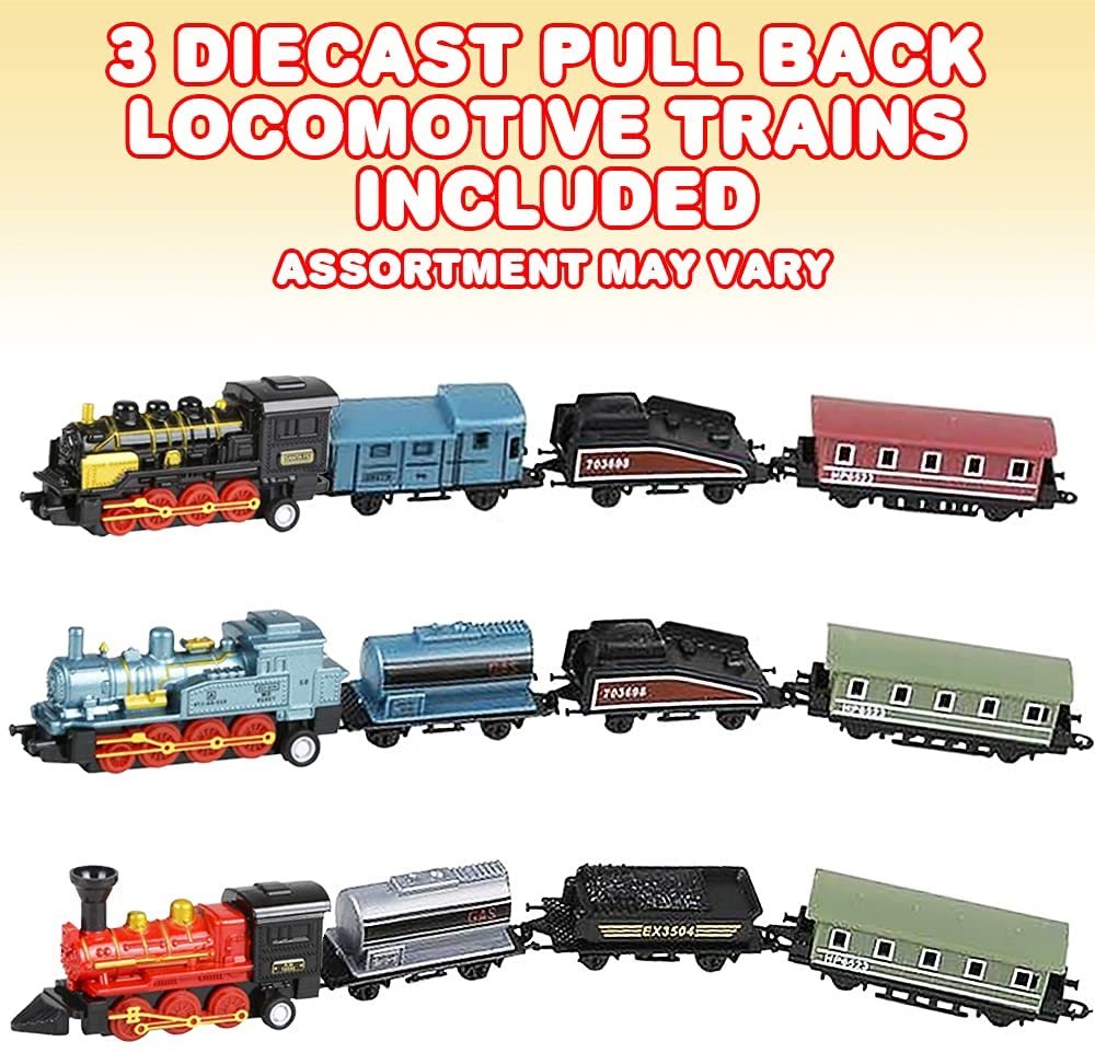 ArtCreativity Mini Locomotive Train Playset for Kids, Set of 3, Each Set with 1 Locomotive and 3 Carts, Diecast Train Toy for Boys and Girls with Pullback Motion, Great Birthday Gift