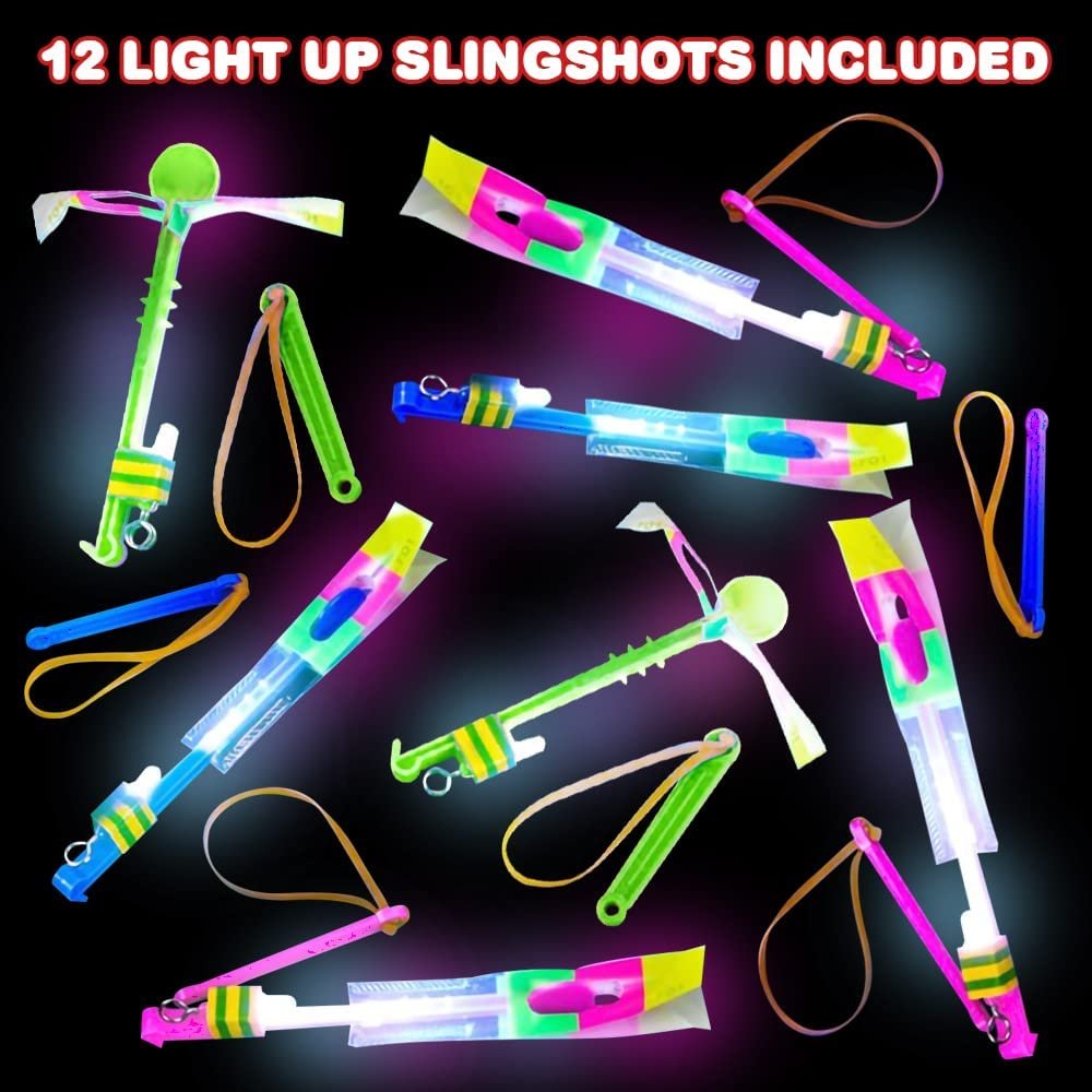 Light-Up Slingshot Dragonfly for Kids, Set of 12, LED Sling Shots for Nighttime Fun, Outdoor Flying Toys for Boys & Girls, Glow Light-Up Party Favors and Goodie Bag Fillers for Children