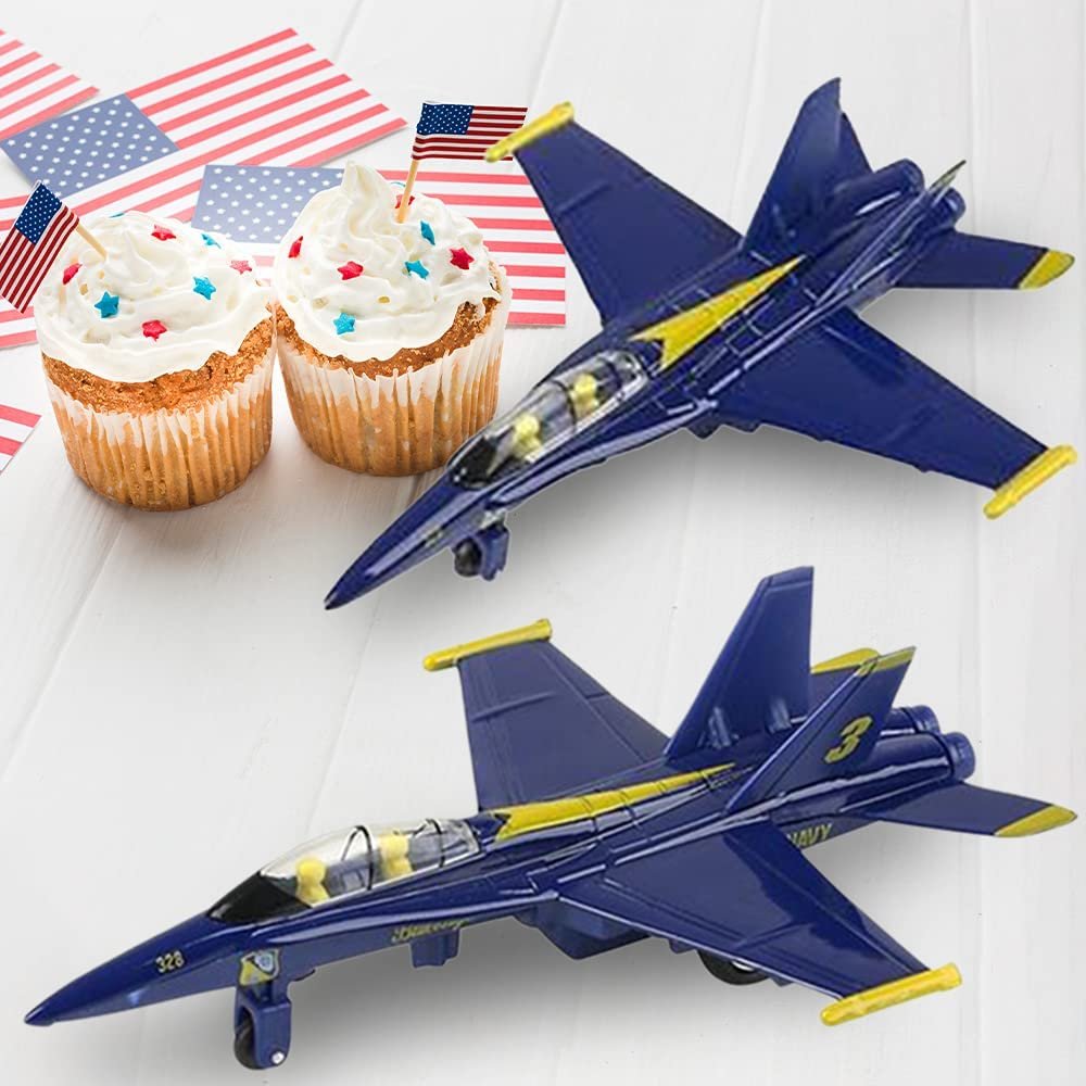 Jumbo Diecast F-18 Blue Angel Jets with Pullback Mechanism, Set of 2, Diecast Metal Jet Plane Fighter Toys for Boys, Air Force Military Cake Decorations, Aviation Party Favors