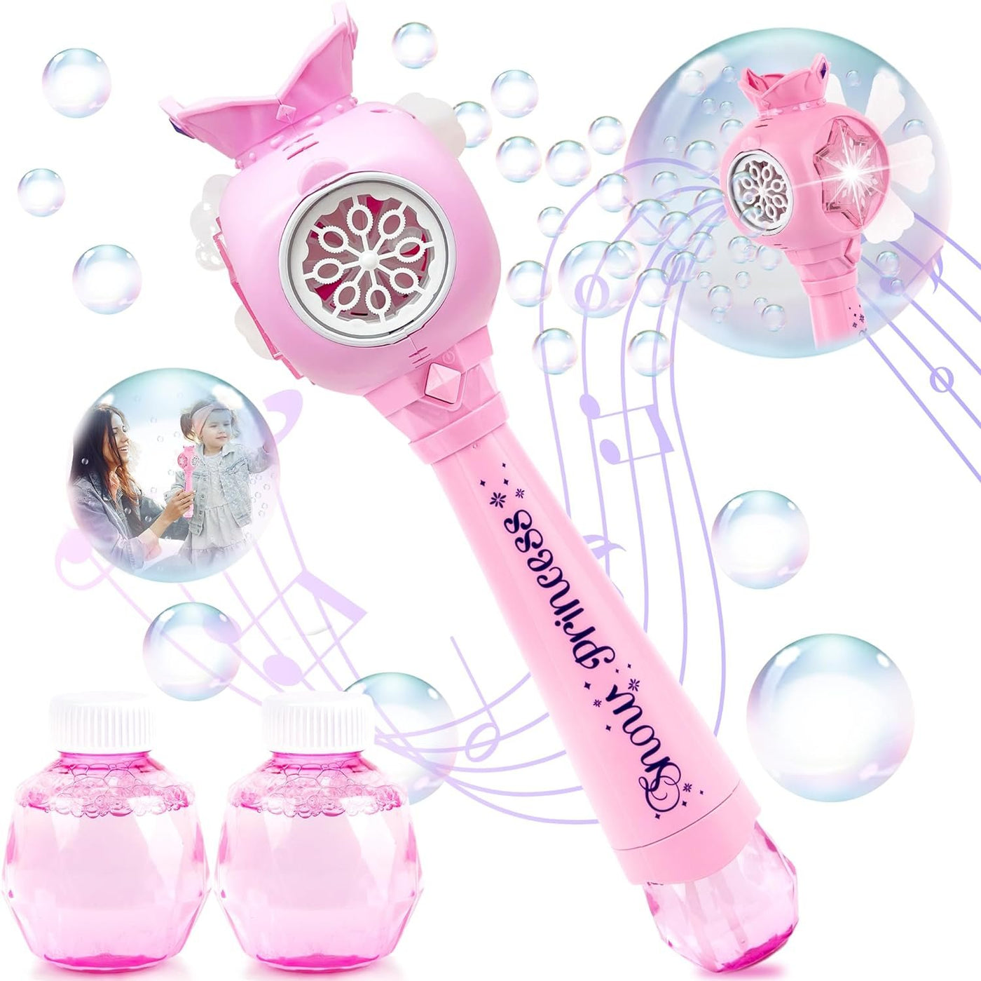 Light Up Princess Magic Bubble Blower Wand with Detachable Windmill, Princess Wand for Girls with 2 Bottles of Bubble Solution, LED Effects, & Music, Fun Pretend Play Prop, Birthday Gift