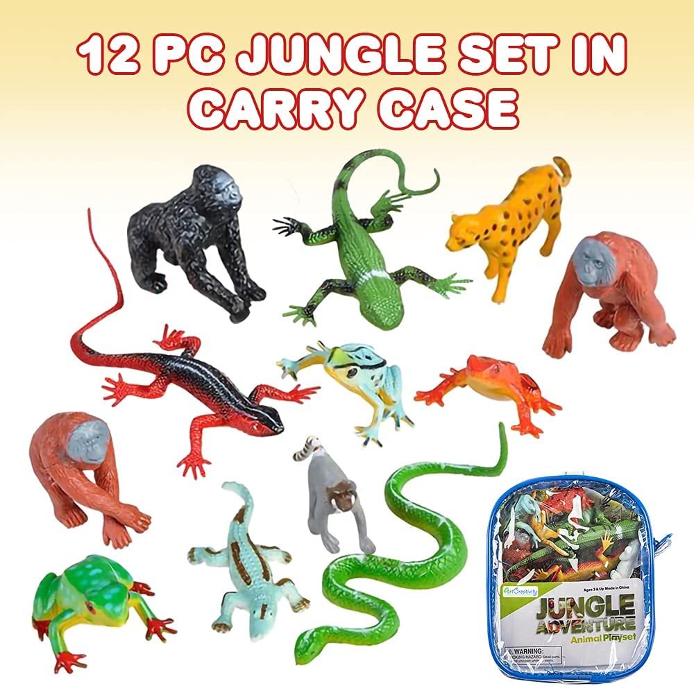 Jungle Playset in Carry Bag, Set of 12, Assorted Small Animal Figures, Sturdy Plastic Toys, Fun Jungle Theme Birthday Party Favors, Great Gift Idea for Boys and Girls