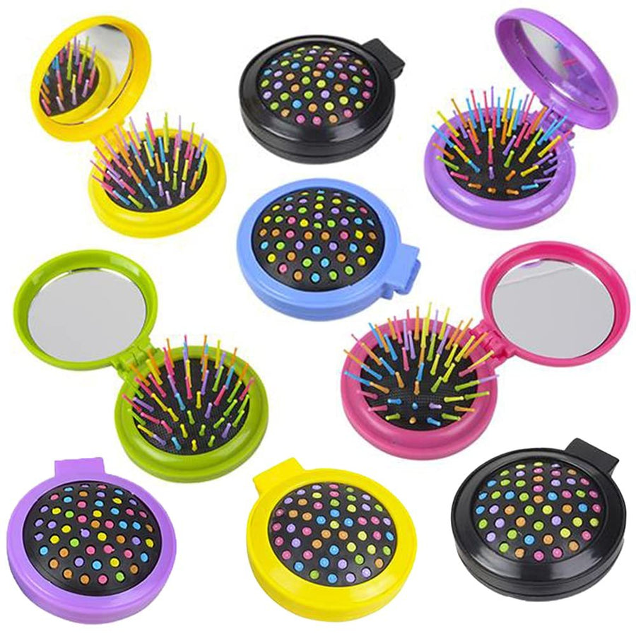Compact Brushes for Kids, Set of 12, Travel-Sized Brushes with Mirror and Rainbow Bristles, Makeup Toys for Girls, Princess Birthday Party Favors, Goodie Bag Fillers, Assorted Colors