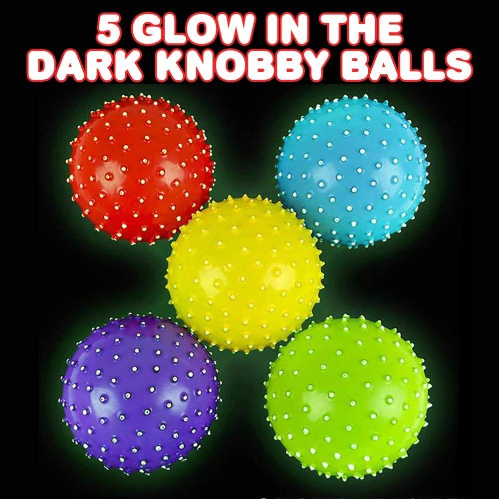 ArtCreativity Glow in The Dark Knobby Balls, Pack of 5, Fidget Sensory Toys for Kids, 5 Inch Spiky Sensory Balls in Assorted Colors, Birthday Party Favors, Treasure Box Prizes- Sold Deflated