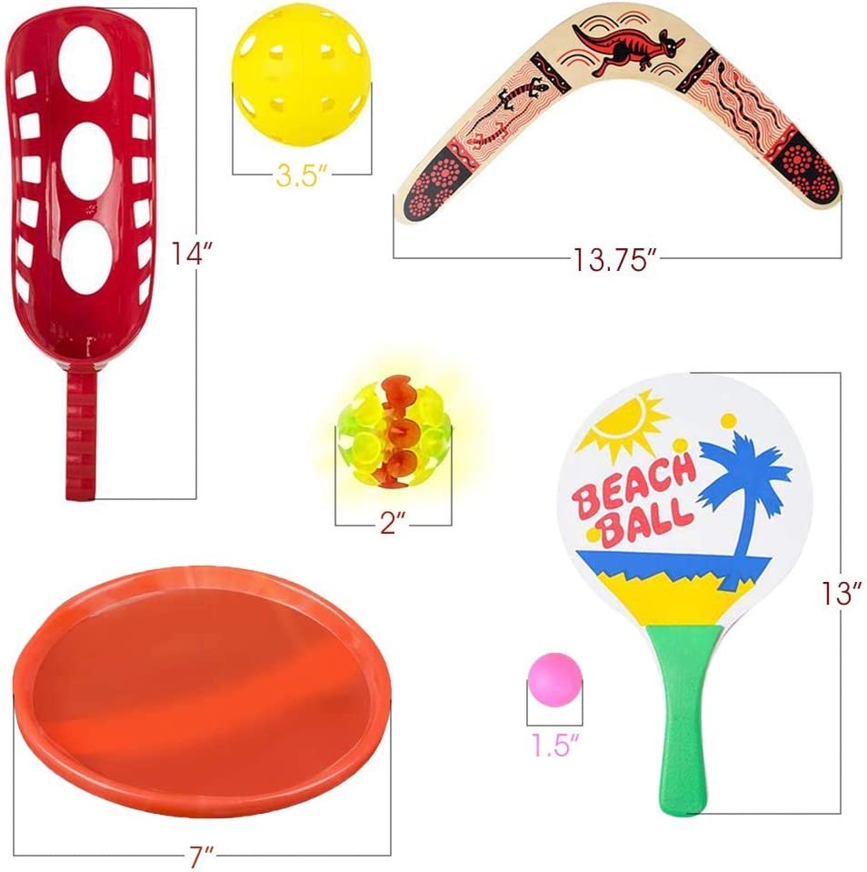 ArtCreativity Set of 4 Sports Outdoor Games Set with Light-Up Catch Game, Scoop and Toss, Wooden Boomerang, and Beach Paddle Set, Backyard Toys and Summer Activities for Kids