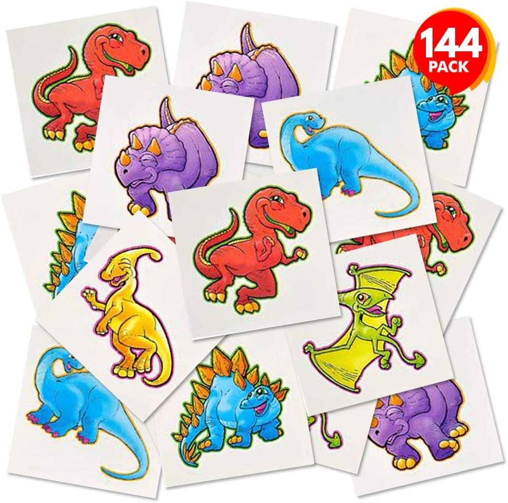 Dinosaur Tattoos for Kids, Bulk Pack of 144, Non-Toxic 2" Temporary Dino Tats, Dinosaur Birthday Party Favors and Supplies, Goodie Bag and Piñata Fillers, Assorted Designs