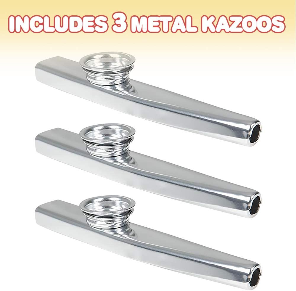4.75" Metal Kazoo - Set of 3 - Fun Humming Musical Instrument for Kids and Adults - Durable Music Toys - Cool Birthday Favors, Party Noisemakers Supplies, Goody Bag Fillers
