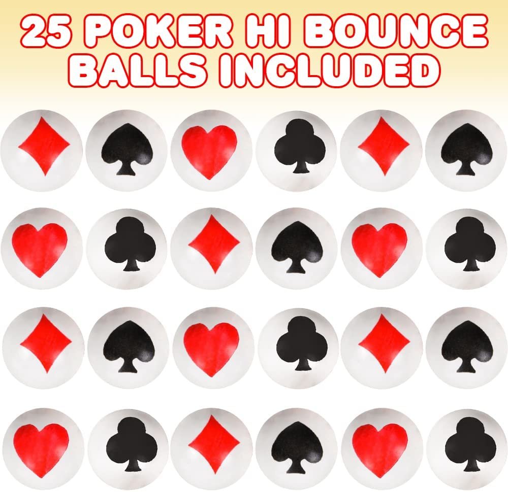 Poker Bouncy Balls for Kids, Bulk Set of 25, Bouncing Balls with Card Suits and Extra-High Bounce, Casino Birthday Party Favors, Vegas Party Decorations, Goodie Bag and Pinata Fillers