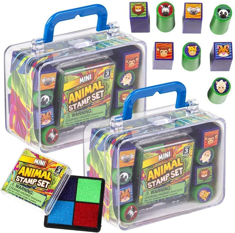 Mini Zoo Animal Stamp Set for Kids, 2 Sets, Each Kit Includes 8 Animal Stampers, Multi-Colored Ink Pad, and Cute Carry Case, Best Gifts and Safari Birthday Party Favors for Boys & Girls