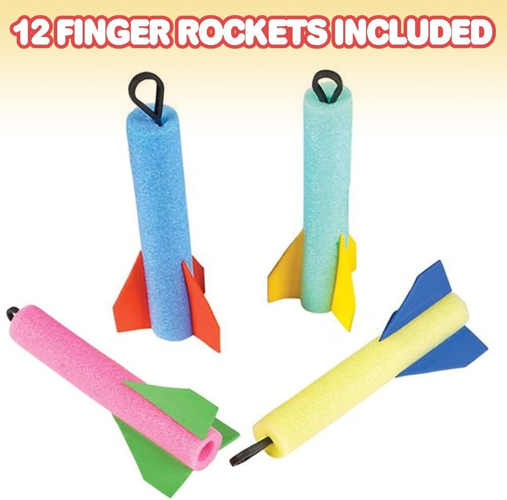 Foam Finger Flyer Rockets - Pack of 12 - 6.5"es Big - Assorted Colors - Slingshot Method to Fly High - Fun Carnival Toy and Party Favor - Amazing Gift Idea for Boys and Girls Ages 3+