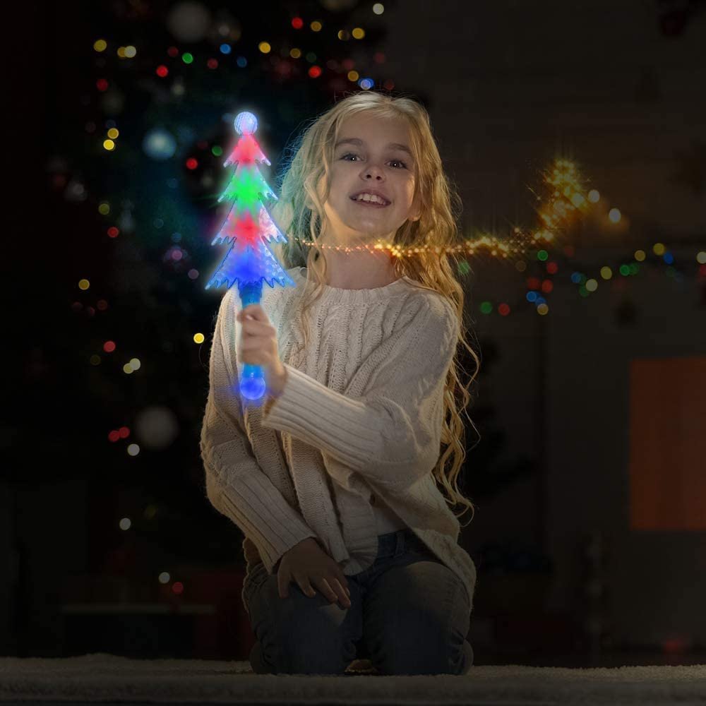 Light Up Christmas Tree Wands, Set of 2, 14.5" Flashing LED Wands for Kids with Batteries Included, Thrilling Light Show, Fun Gift, Holiday Stocking Stuffer for Boys and Girls