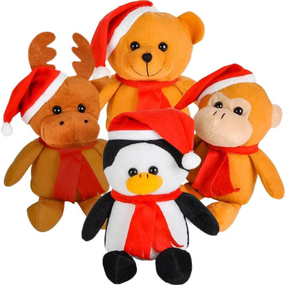 ArtCreativity Plush Christmas Animal Assortment, Set of 4, Stuffed Holiday Toys in Assorted Designs, Includes Monkey, Bear, Reindeer, & Penguin Plush, Christmas Party Decorations and Favors for Kids
