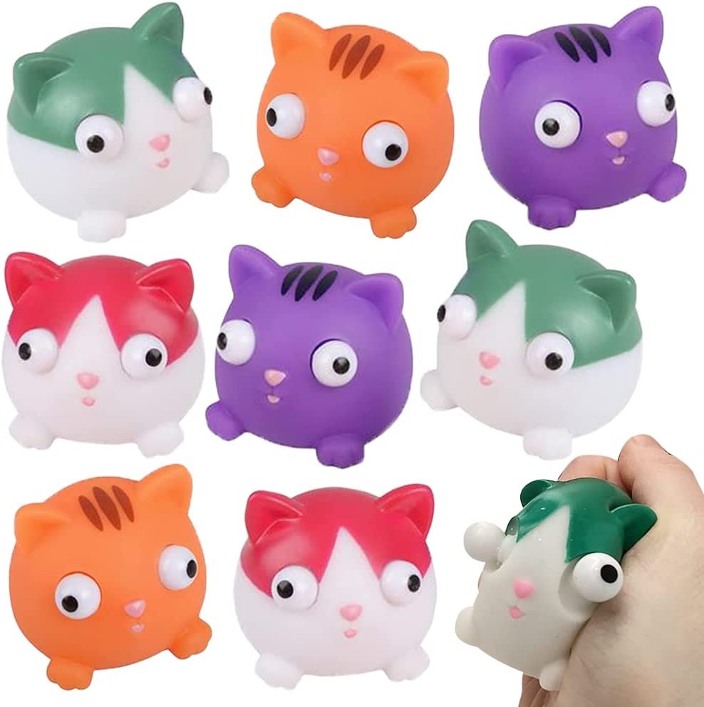 Squeezy Kitten with Pop Out Eyes, Set of 12, Fun Squeeze Stress Relief Toys for Kids, Fun Goodie Bag Fillers, Birthday Party Favors for Boys and Girls